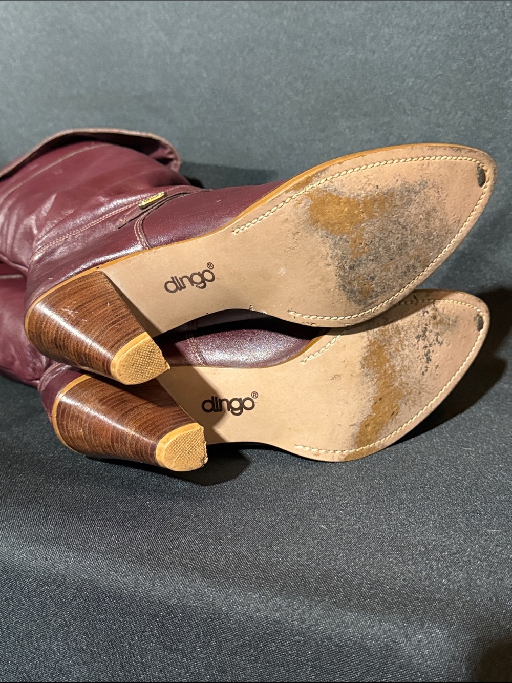 dingo Burgundy Fold-Over Over-the-Knee Leather Boots with Wooden Heel - Picture 3 of 8